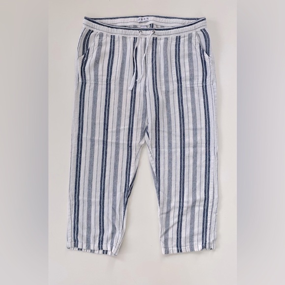 dash Women's Blue White Striped Linen Blend Pull On Pants Coastal Size Large - Picture 1 of 8
